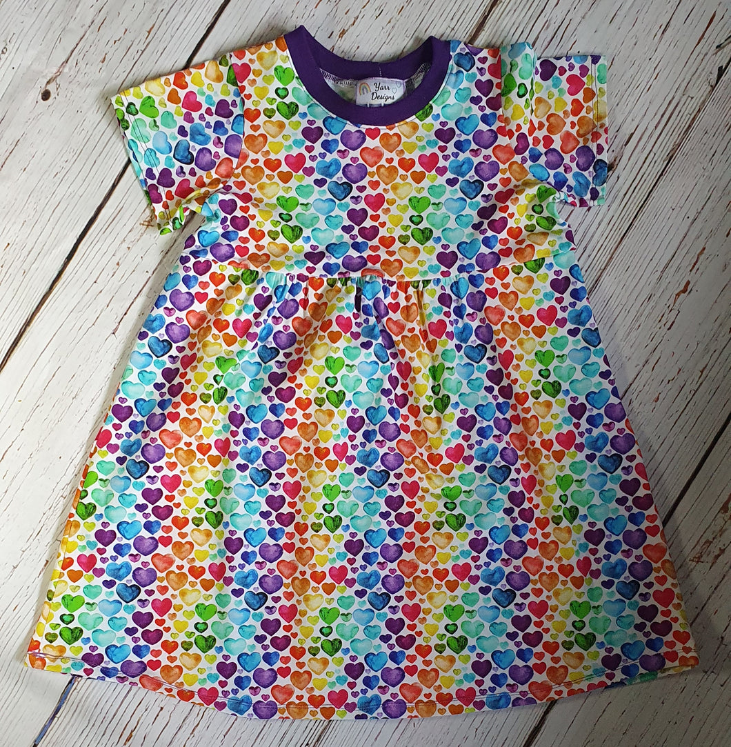 Rainbow Heart Dotty Dress-Purple Neckline