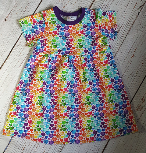 Rainbow Heart Dotty Dress-Purple Neckline