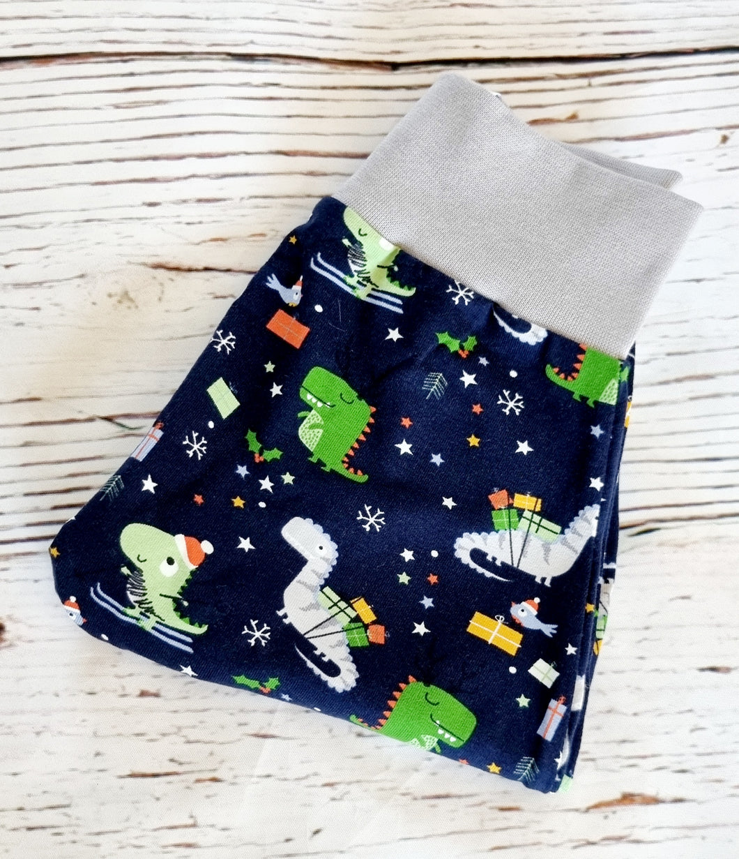 6-12m Harem Trousers: christmas dinosaurs with grey cuffs