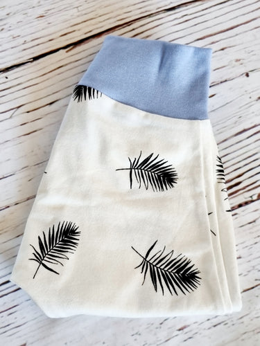 6-12m Harem Trousers, Large Black Feather Print on white Harems