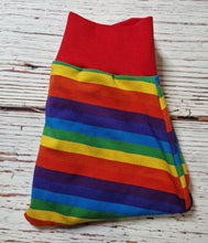 Load image into Gallery viewer, 3-6m Rainbow Stripe Harems with red cuffs