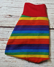 Load image into Gallery viewer, 3-6m Rainbow Stripe Harems with red cuffs