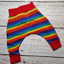 Load image into Gallery viewer, 3-6m Rainbow Stripe Harems with red cuffs